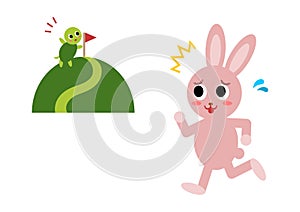 Vector Illustration of the hare and the tortoise. Fairy fable tale characters. Rabbit and turtle racing.